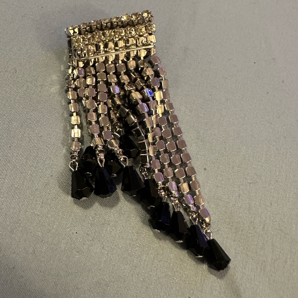 Vintage Black And Clear Extraordinary‎ Rhinestone Double Row Brooch Pin - Picture 6 of 9
